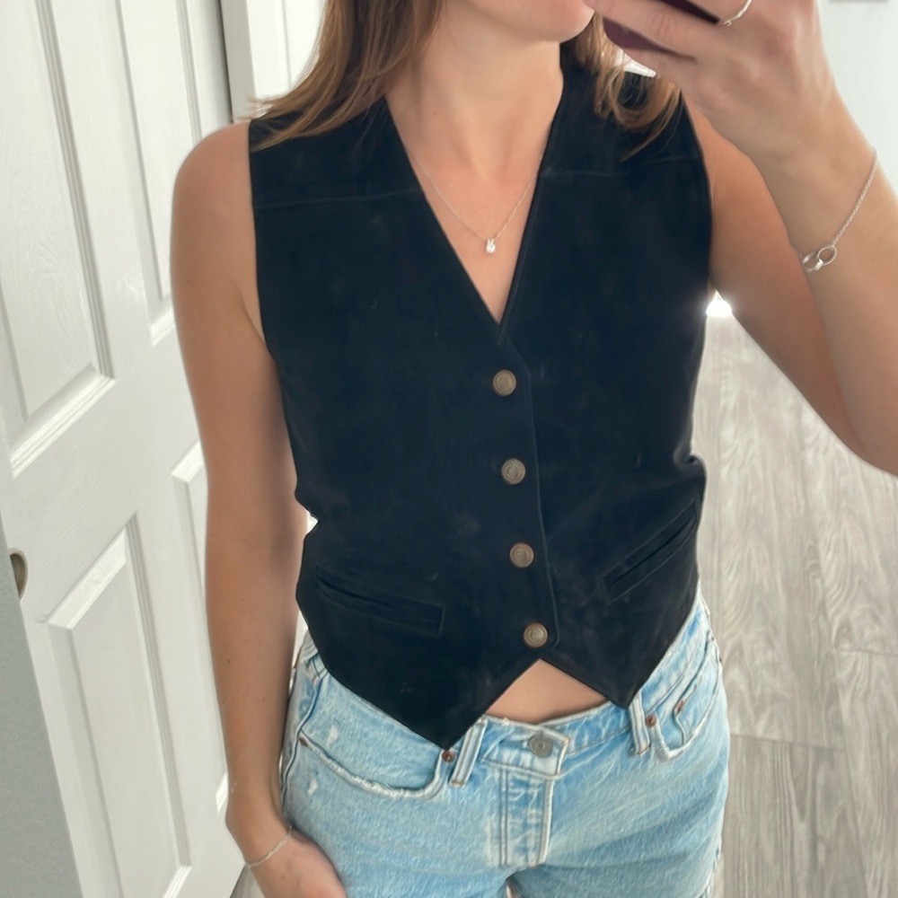 Genuine Black Leather Button Up Vest